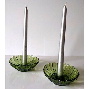 Vintage Lot Of 2 Indiana Glass Candle Holder Textured Green Sunflower Design 5"